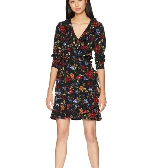KENSIE Floral print wrap dress ruffle accent long sleeve v-neck black size M new - Picture 4 of 13
